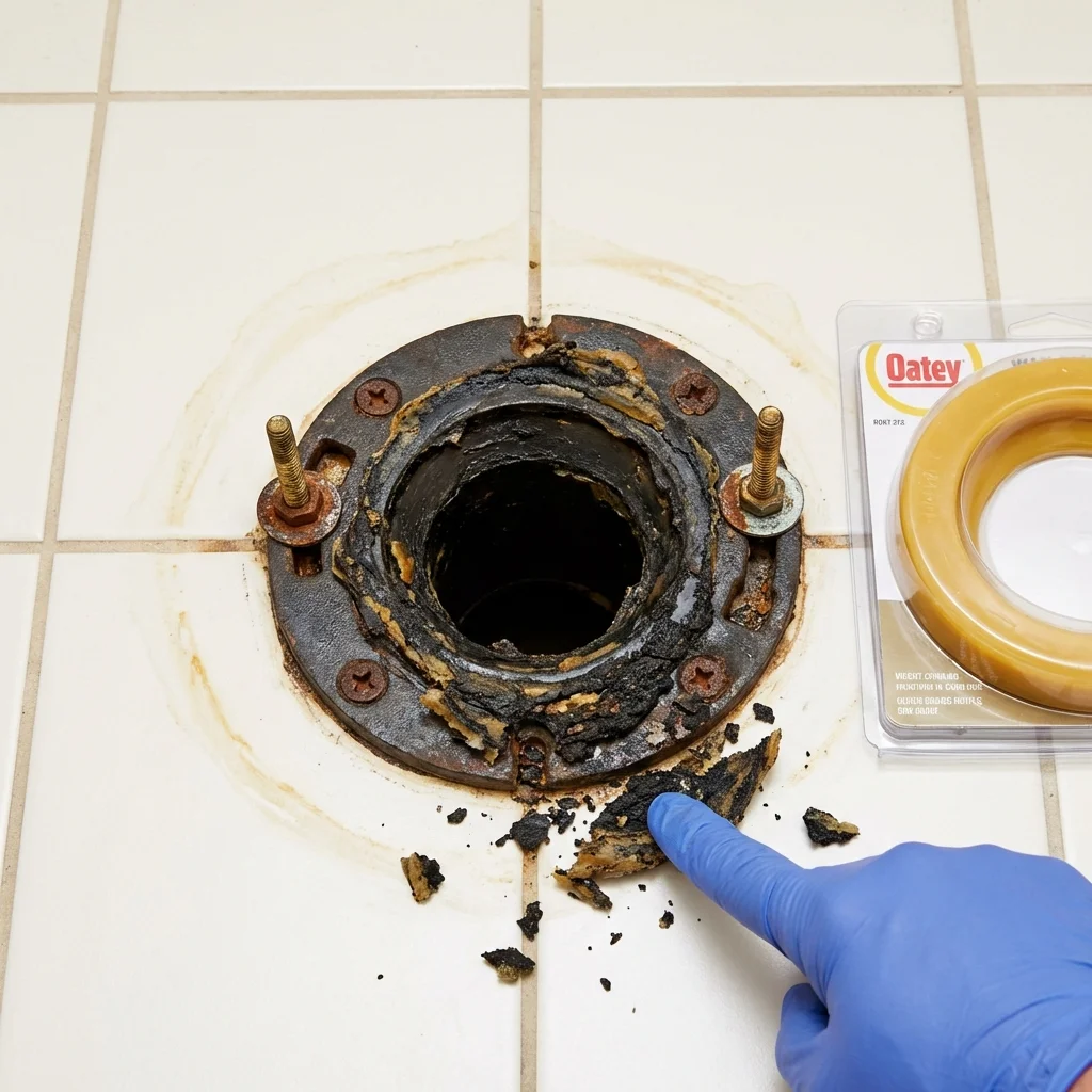 Failed wax ring showing water seepage at the base of a toilet in a Greenville, IL home