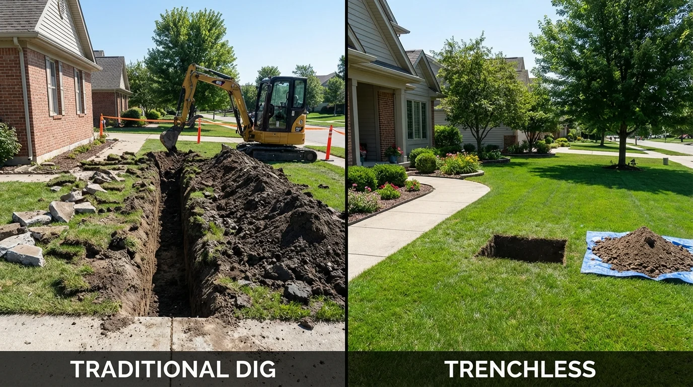 Trenchless sewer repair with minimal yard damage versus traditional excavation in Greenville, IL