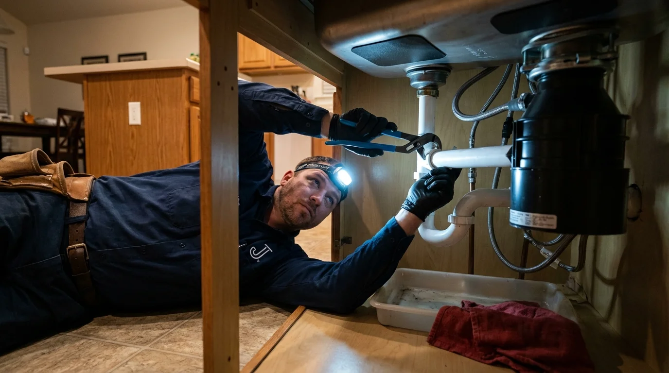 P-trap and supply line connections under a kitchen sink showing a common leak point in Greenville, IL